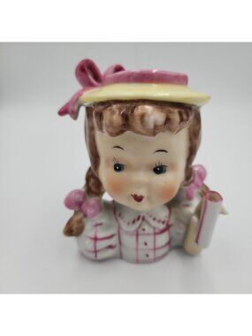 Vintage Napco Umbrella Girl Head Vase Brunette Pink Plaid Pigtails Porcelain 4"